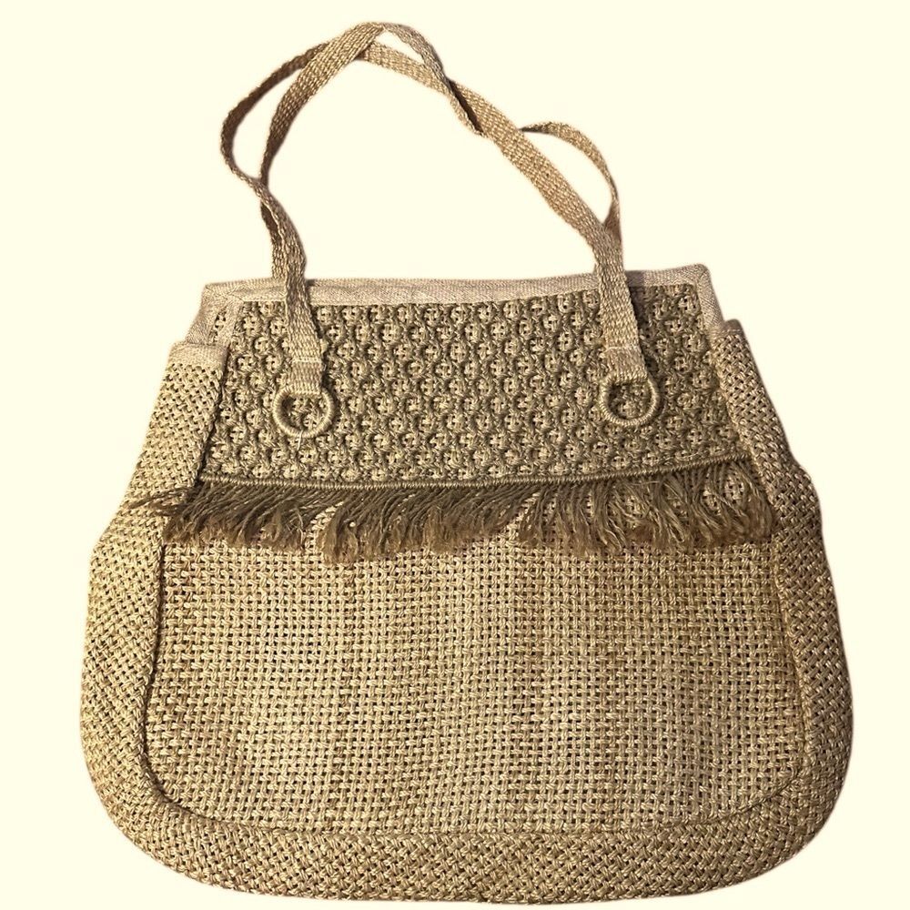 Vintage NWOT Large Beige Boho woven handbag w/straps.